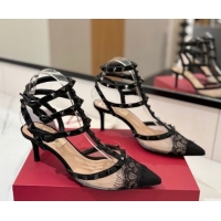 Top Grade Valentino Rockstud Pumps 6.5cm in Mesh and Lace with Triple Strap Black 0821108