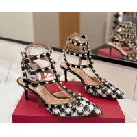 Luxurious Valentino Rockstud Pumps 6.5cm in Tweed with Triple Strap Black/White 0821109