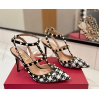 Best Product Valentino Rockstud Pumps 10cm in Tweed with Double Strap Black/White 0821110
