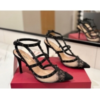 Good Looking Valentino Rockstud Pumps 10cm in Mesh and Lace with Double Strap Black 0821111