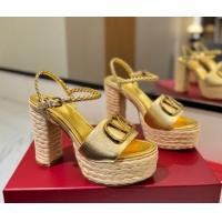 Buy Luxury Valentino VLogo Grainy Calfskin Platform Sandals 11.5cm Gold-Tone VA082112