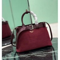 Free Shipping Discount Prada Buckle medium suede handbag with belt 1BA434 Red 2025