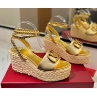 Grade Quality Valentino VLogo Grainy Calfskin Wedge Sandals 9cm Gold-Tone 2025 VA082113 821124