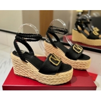 Pretty Style Valentino VLogo Grainy Calfskin Wedge Sandals 9cm Black/Gold 2025 VA082113 0821125