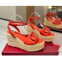 Top Grade Valentino VLogo Calfskin Leather Wedge Sandals 9cm Orange VA082113 0821131