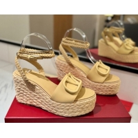 Low Price Valentino VLogo Calfskin Leather Wedge Sandals 9cm Yellow 2025 VA082113 0821132