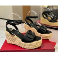 Fashion Valentino VLogo Calfskin Leather Wedge Sandals 9cm Black 2025 VA082113 0821133
