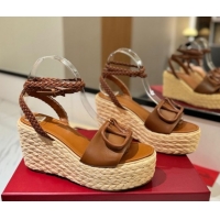 Best Price Valentino VLogo Calfskin Leather Wedge Sandals 9cm Brown 2025 VA082113 0821134