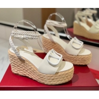 Discount Valentino VLogo Calfskin Leather Wedge Sandals 9cm White 2025 VA082113 0821135