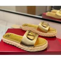 Top Design Valentino VLogo Grainy Calfskin Flat Slides Sandal Gold-Tone 2025 VA082114 0821136