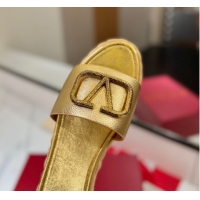 Top Design Valentino VLogo Grainy Calfskin Flat Slides Sandal Gold-Tone 2025 VA082114 0821136