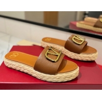 Purchase Valentino VLogo Grainy Calfskin Flat Slides Sandal Brown/Gold 2025 VA082114 0821137