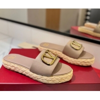 Good Quality Valentino VLogo Grainy Calfskin Flat Slides Sandal Dusty Beige/Gold 2025 VA082114 0821139