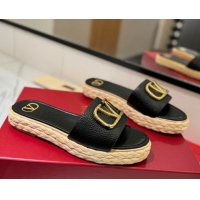Good Product Valentino VLogo Grainy Calfskin Flat Slides Sandal Black/Gold VA082114