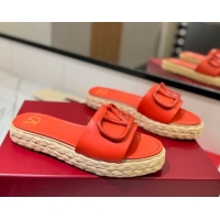 Most Popular Valentino VLogo Calfskin Leather Flat Slides Sandal Orange 2025 VA082114 0821141