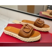 Luxury Cheap Valentino VLogo Calfskin Leather Flat Slides Sandal Brown 2025 VA082114 0821142