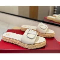 Luxury Valentino VLogo Calfskin Leather Flat Slides Sandal White 2025 VA082114 0821143