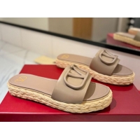 Shop Duplicate Valentino VLogo Calfskin Leather Flat Slides Sandal Dusty Beige VA082114 0821145