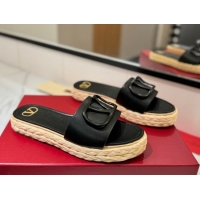 Low Cost Valentino VLogo Calfskin Leather Flat Slides Sandal Black 2025 VA082114 0821146