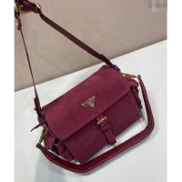 New Cheap Prada Explore medium suede shoulder bag with flap 1BD394 Burgundy 2025