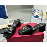 Stylish Valentino Vlogo Signature Heel Slides Sandal 6cm in Calfskin Black 0902048