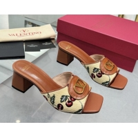 Buy Luxury Valentino Vlogo Signature Cherryfic Heel Slides Sandal 6cm in Jacquard Synthetic Raffia Brown 0902051