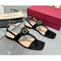 Top Grade Valentino Vlogo Signature Flat Thong Sandals in Calfskin Black 0902053