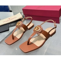 Classic Hot Valentino Vlogo Signature Flat Thong Sandals in Calfskin Brown 0902056