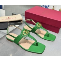 Best Grade Valentino Vlogo Signature Flat Thong Sandals in Calfskin Green 0902057