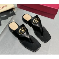 Luxury Valentino Vlogo Signature Flat Thong Slides Sandal in Calfskin Black 0902058