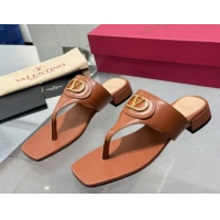 Low Price Valentino Vlogo Signature Flat Thong Slides Sandal in Calfskin Brown 0902060