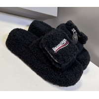 Pretty Style Balenciaga Shearling-Like Platform Slides Sandal Black 0827013