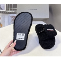 Pretty Style Balenciaga Shearling-Like Platform Slides Sandal Black 0827013