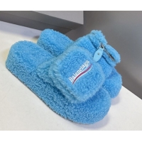 Luxurious Balenciaga Shearling-Like Platform Slides Sandal Blue 0827015