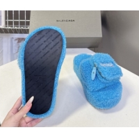 Luxurious Balenciaga Shearling-Like Platform Slides Sandal Blue 0827015