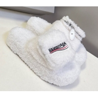 Good Looking Balenciaga Shearling-Like Platform Slides Sandal White 0827017