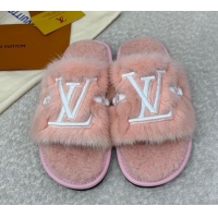 Cheap Louis Vuitton Mink Fur Flat Slipper Pink 2025 LV082901 0829002