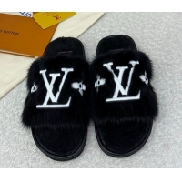 Good Quality Louis Vuitton Mink Fur Flat Slipper Black 2025 LV082901 0829004