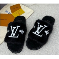 Good Quality Louis Vuitton Mink Fur Flat Slipper Black 2025 LV082901 0829004