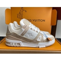 Buy Discount Louis Vuitton LV Trainer Sneakers in Leather and Denim 1AIKOM White/Beige 0829027
