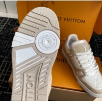 Buy Discount Louis Vuitton LV Trainer Sneakers in Leather and Denim 1AIKOM White/Beige 0829027