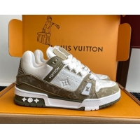 Best Price Louis Vuitton LV Trainer Sneakers in Leather and Denim 1AIKOM White/Green 0829028