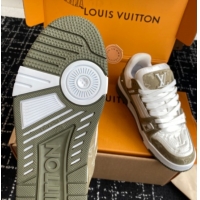 Best Price Louis Vuitton LV Trainer Sneakers in Leather and Denim 1AIKOM White/Green 0829028