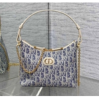 New Fashion Dior Miss Caro Diorling Mini Bag with Chain in Blue Dior Oblique Chambray with Raffia Effect and White Calfs