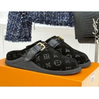 Purchase Louis Vuitton LV To-Go Flat Comfort Clog Mules in Suede with Buckle Black 1AHLVU 0829084