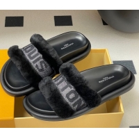 Top Design Louis Vuitton Wool and Fabric Flat Slides Sandal Black 2025 LV082904 0829102