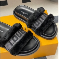 Top Design Louis Vuitton Wool and Fabric Flat Slides Sandal Black 2025 LV082904 0829102