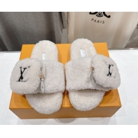 Luxury Cheap Louis Vuitton Shearling Flat Slides Sandal with Zip Pouch White LV082905 0829105