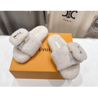 Luxury Cheap Louis Vuitton Shearling Flat Slides Sandal with Zip Pouch White LV082905 0829105