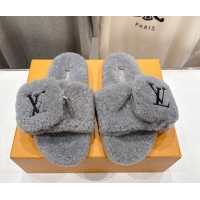 Luxury Louis Vuitton Shearling Flat Slides Sandal with Zip Pouch Grey LV082905 0829106
